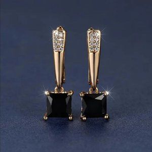 14K Gold Hanging Drop 2ct Black Onyx Gemstone 1ct Diamond Earrings Jewelry 14 K